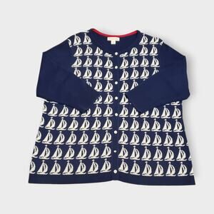 Coldwater Creek Sailboat Button Cardigan Blue White Sz XL/16 Nautical Preppy